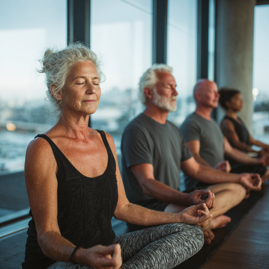 Старша жінка займається йогою